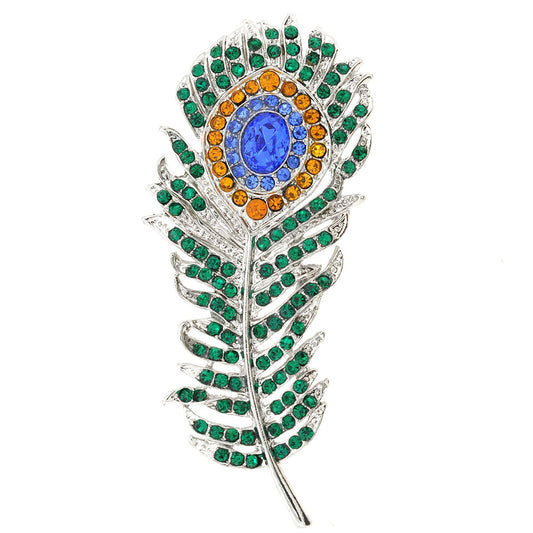 Green Eye Peacock Feather Crystal Pin Brooch