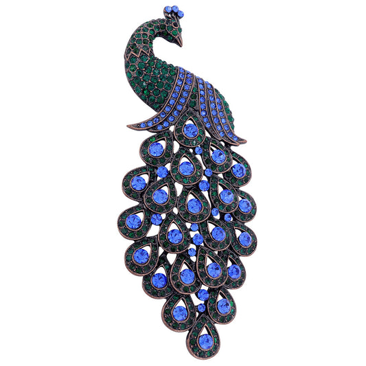 Large Multicolor Emerald Green & Blue Sapphire Crystal Peacock Brooch Pin