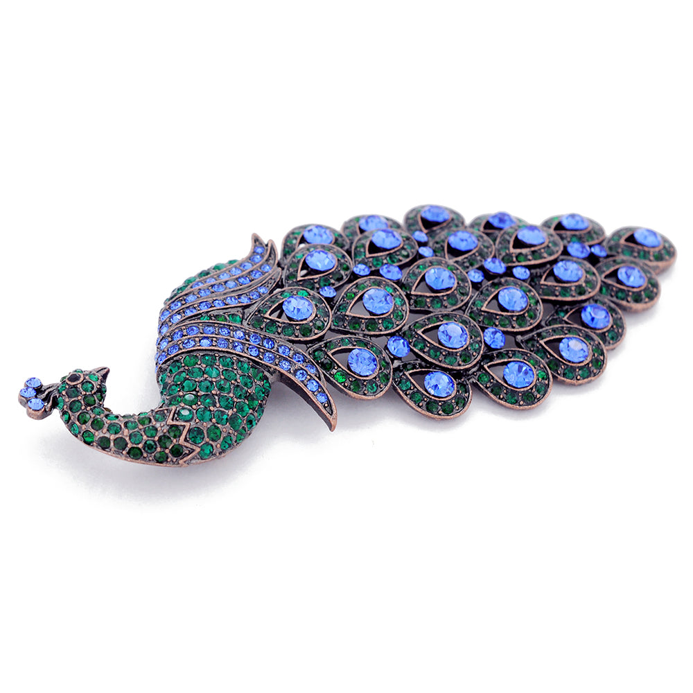 Large Multicolor Emerald Green & Blue Sapphire Crystal Peacock Brooch Pin