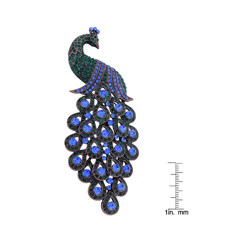 Large Multicolor Emerald Green & Blue Sapphire Crystal Peacock Brooch Pin