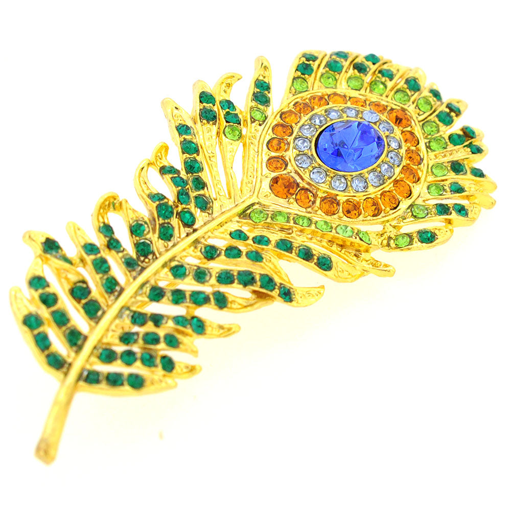 Green Golden Peacock Feather Emerald Crystal Pin Brooch