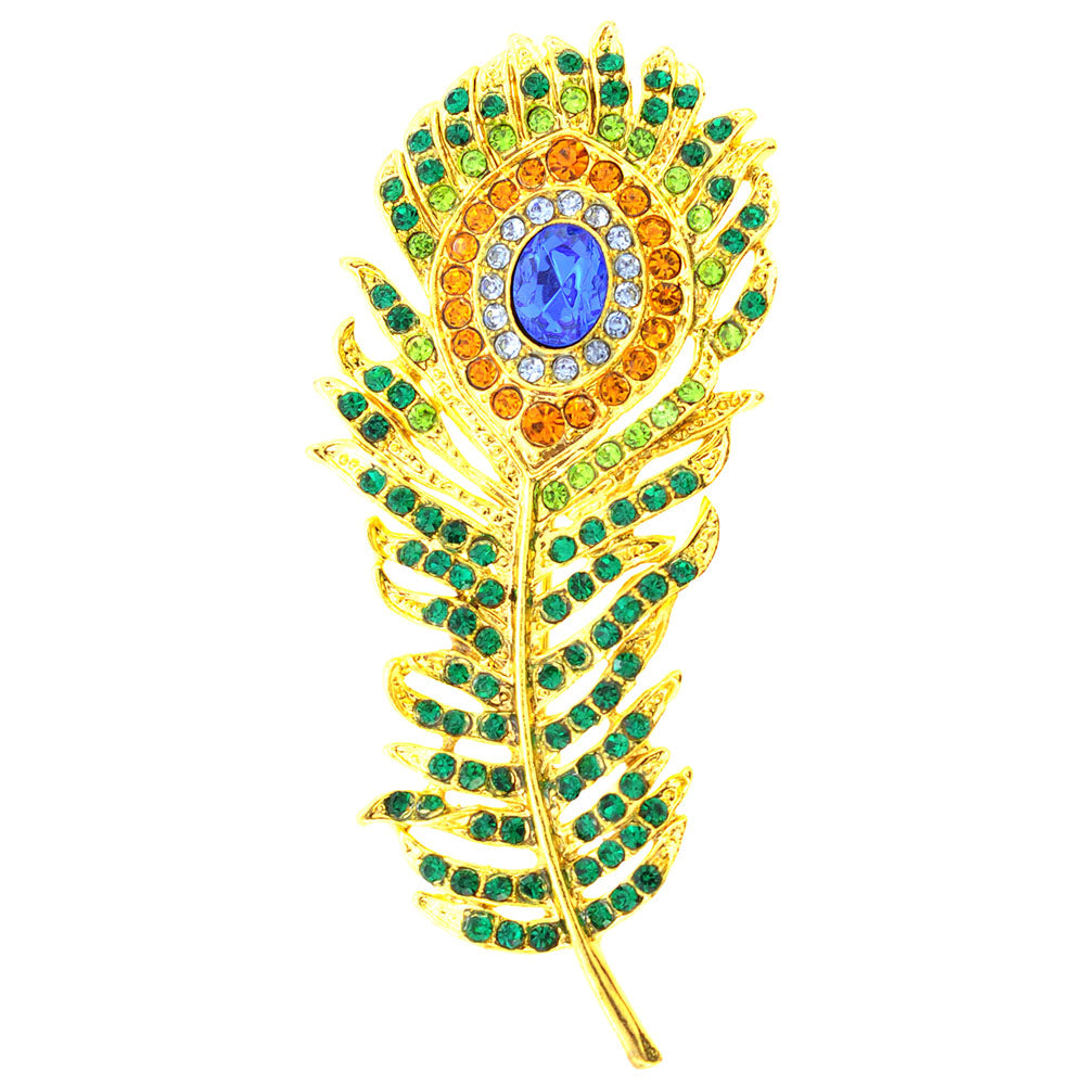 Green Golden Peacock Feather Emerald Crystal Pin Brooch