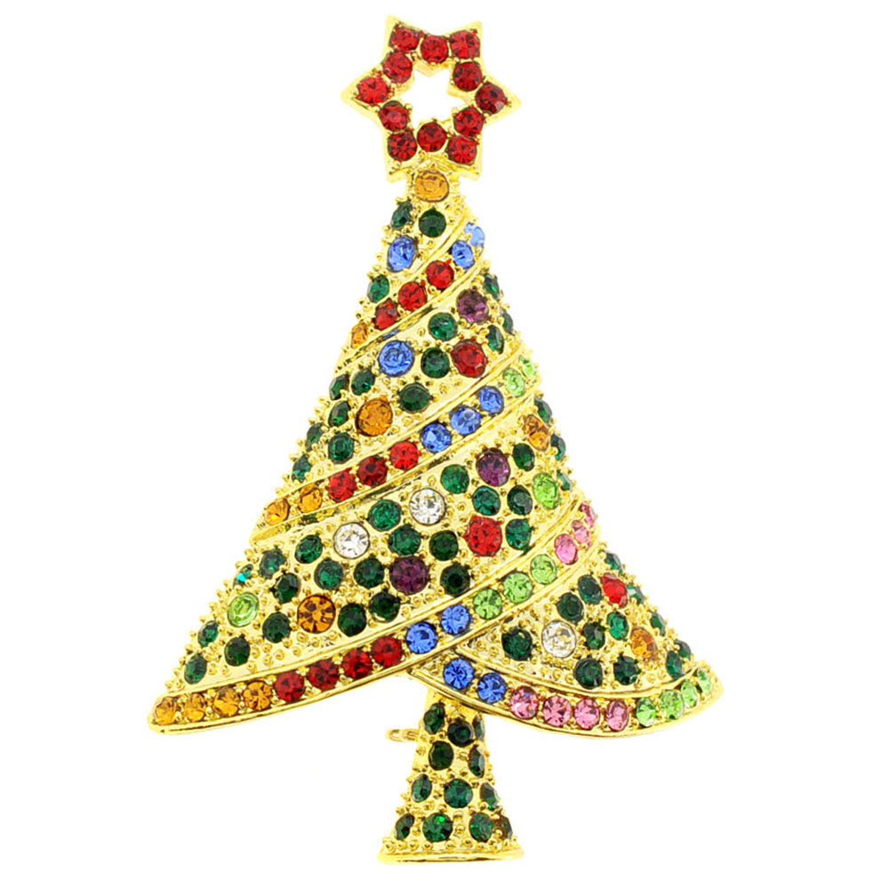 Golden Multicolor Christmas Tree Crystal Pin Brooch
