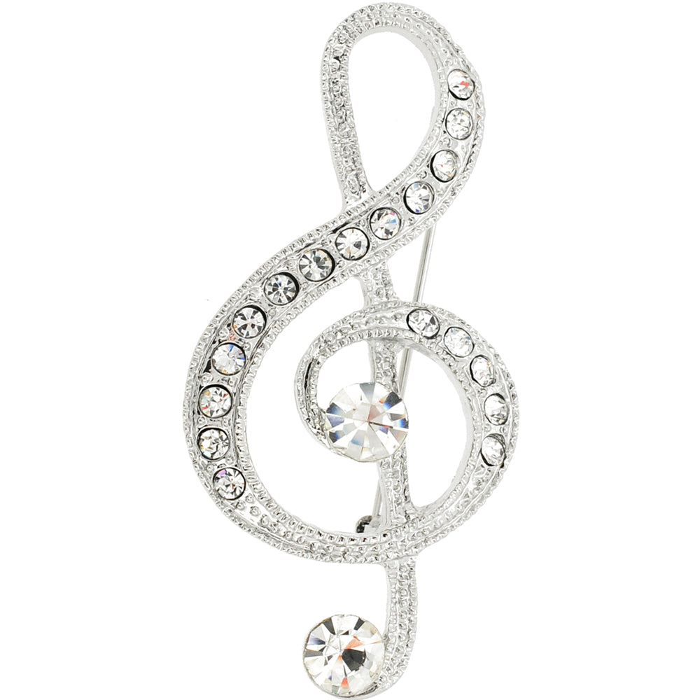 Silver Spiral Music Note Crystal Pin Brooch