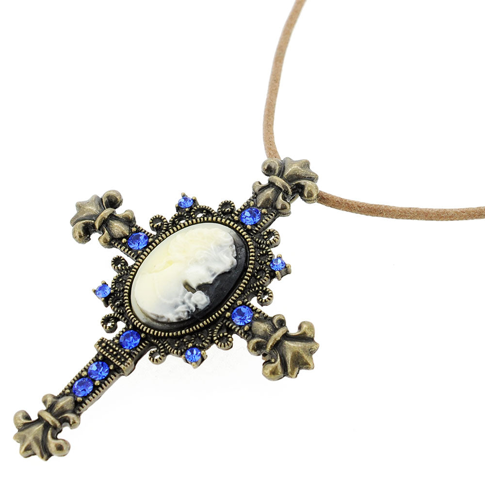 Vintage Style Sapphire Cameo Cross Pin Brooch and Pendant
