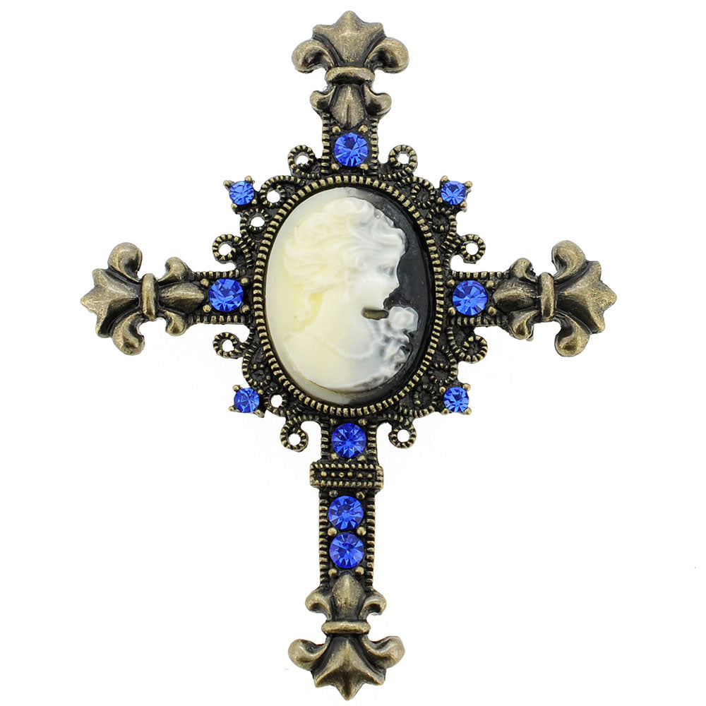 Vintage Style Sapphire Cameo Cross Pin Brooch and Pendant