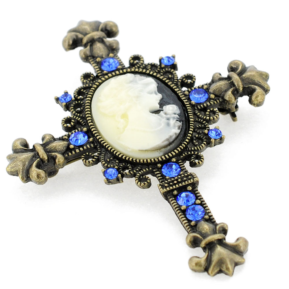 Vintage Style Sapphire Cameo Cross Pin Brooch and Pendant