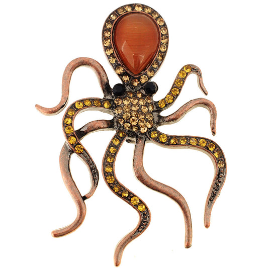 Vintage Style Topaz Brown Octopus Crystal Pin Brooch