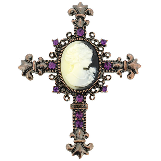 Vintage Style Cameo Cross Amethyst Crystal Brooch/Pendant