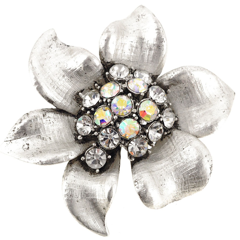 Silver Flower Crystal Pin Brooch