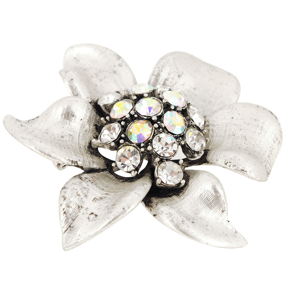 Silver Flower Crystal Pin Brooch