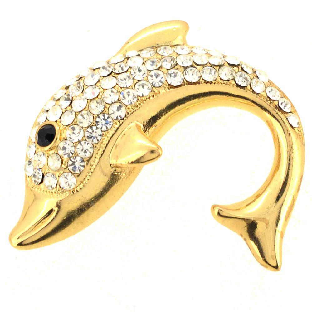 Golden Crystal Dolphin Pin Brooch