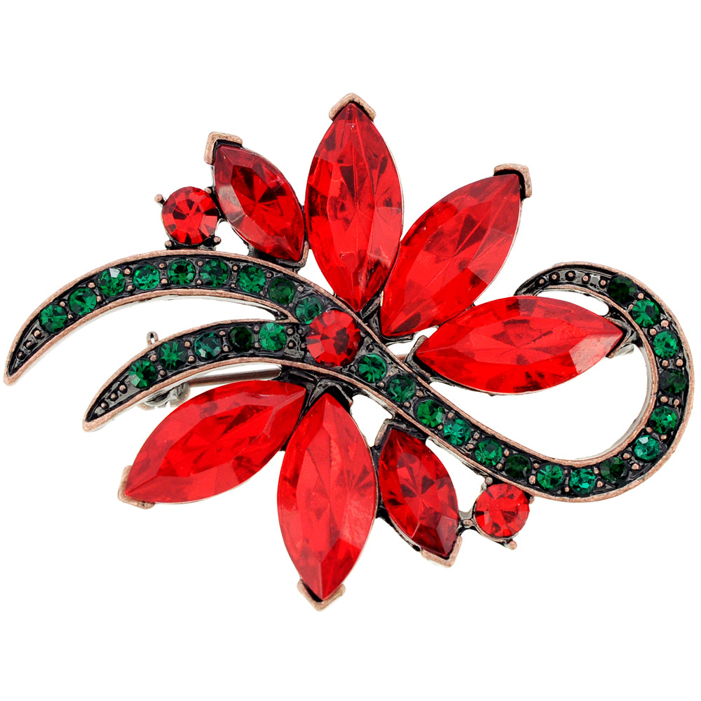 Red Christmas Poinsettia Flower Crystal Pin Brooch