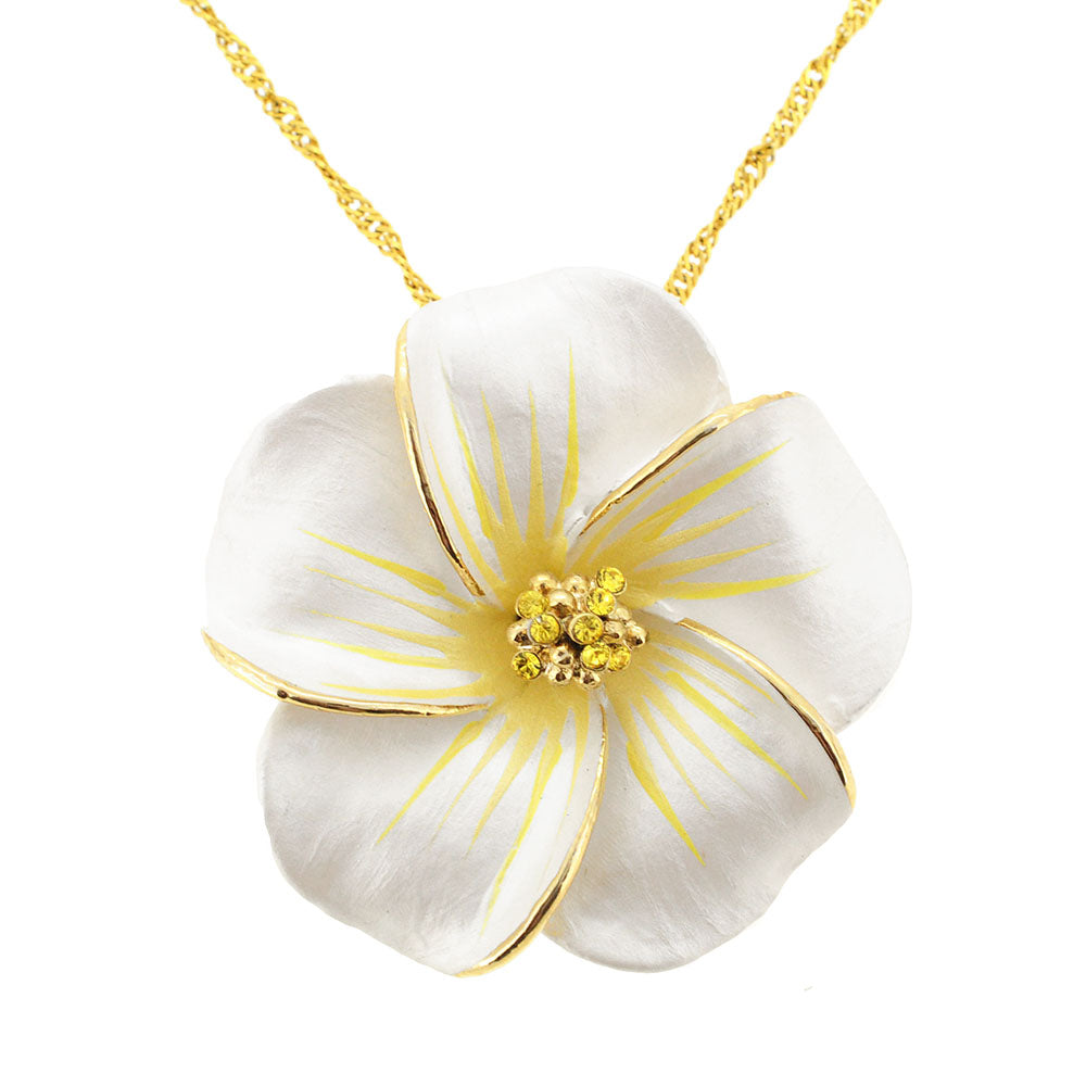 White Hawaiian Plumeria Swarovski Crystal Flower Brooch and Pendant