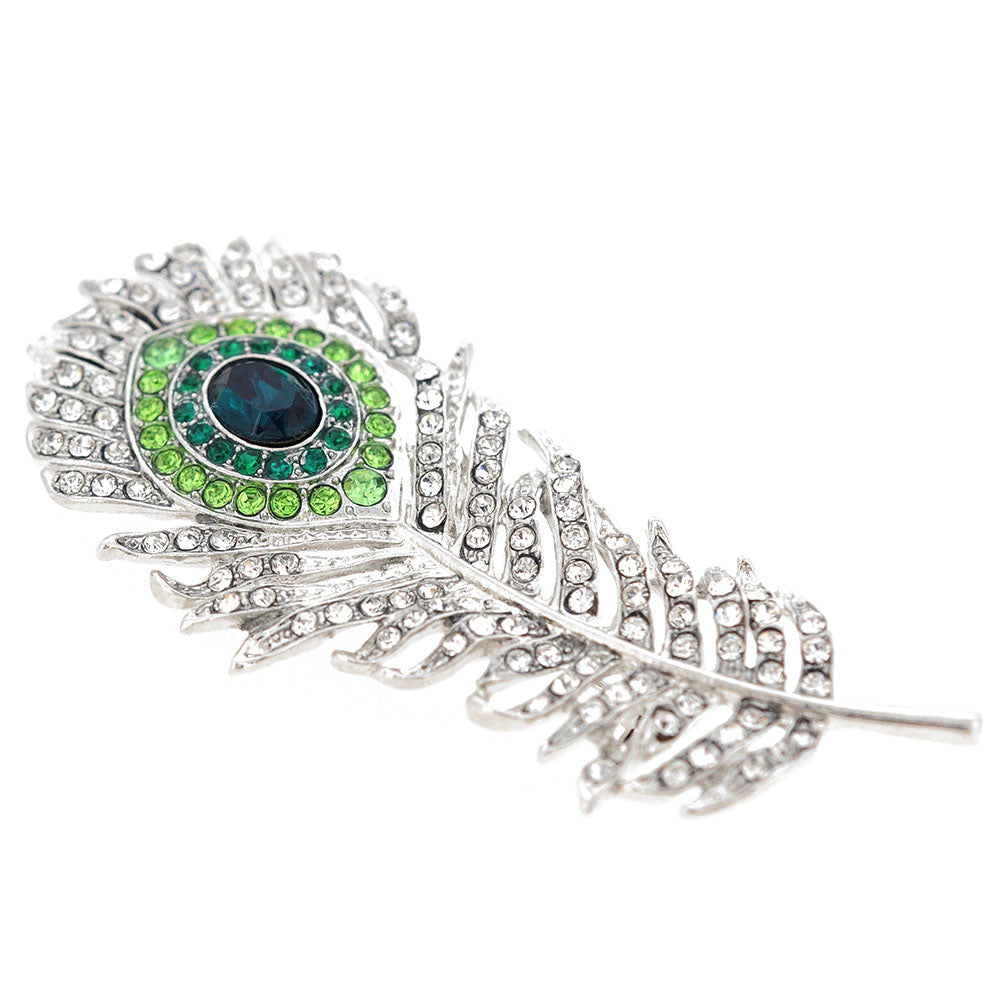 Chrome Peacock Feather Crystal Pin Brooch
