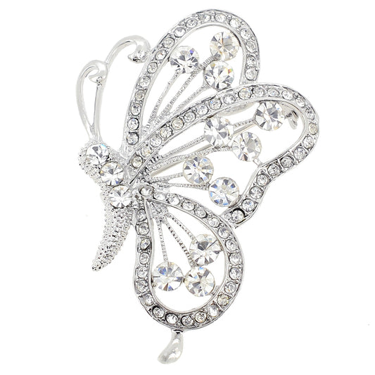 Chrome Flying Butterfly Crystal Brooch and Pendant