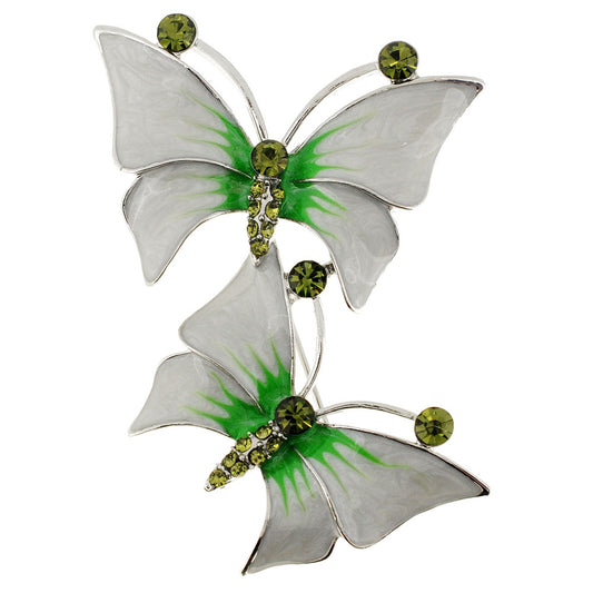White & Green Butterfly Couple Crystal Pin Brooch