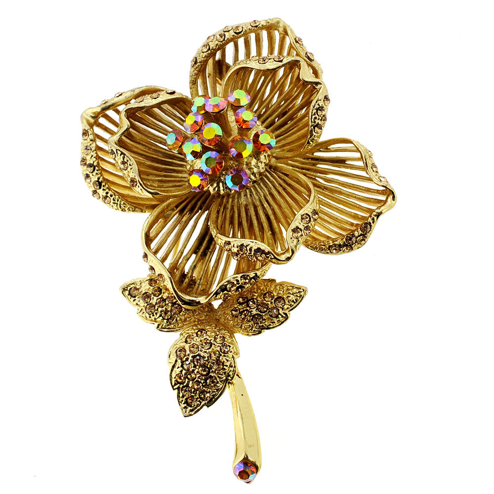Golden Topaz Crystal Rose Flower Pin Brooch
