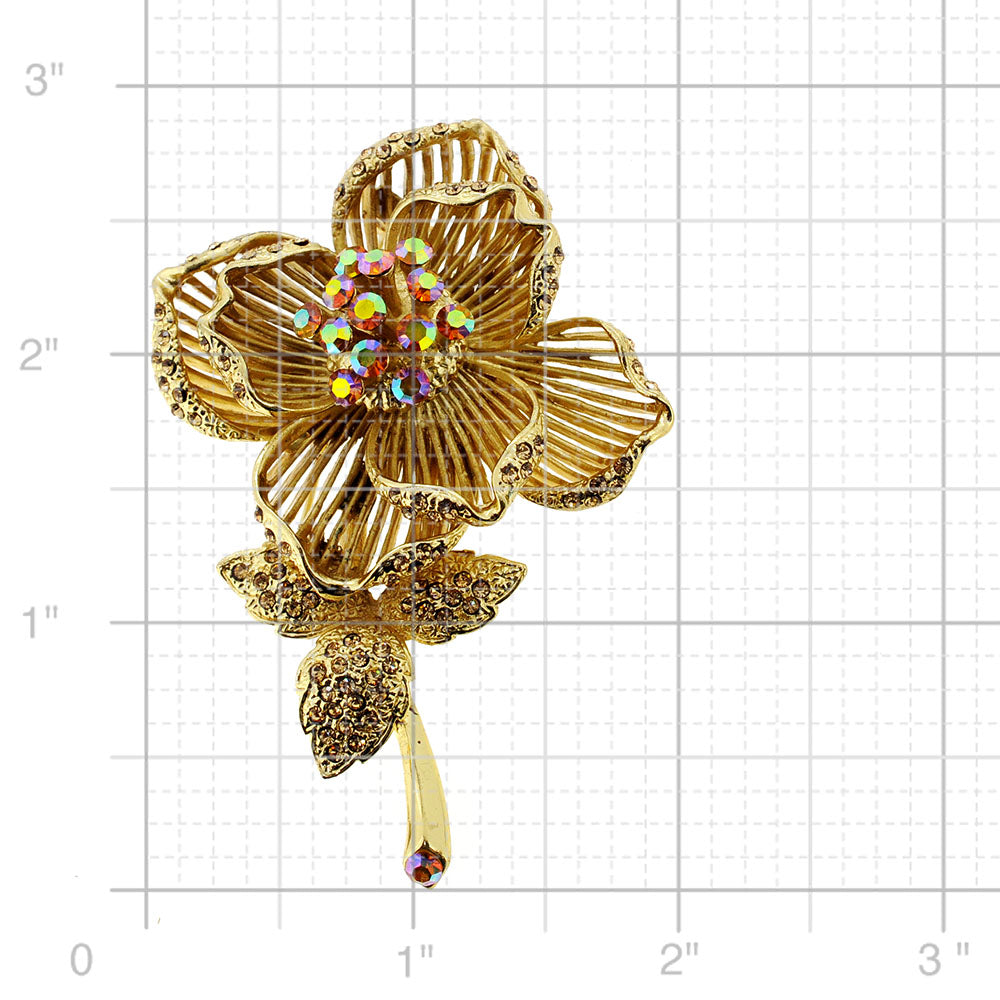 Golden Topaz Crystal Rose Flower Pin Brooch