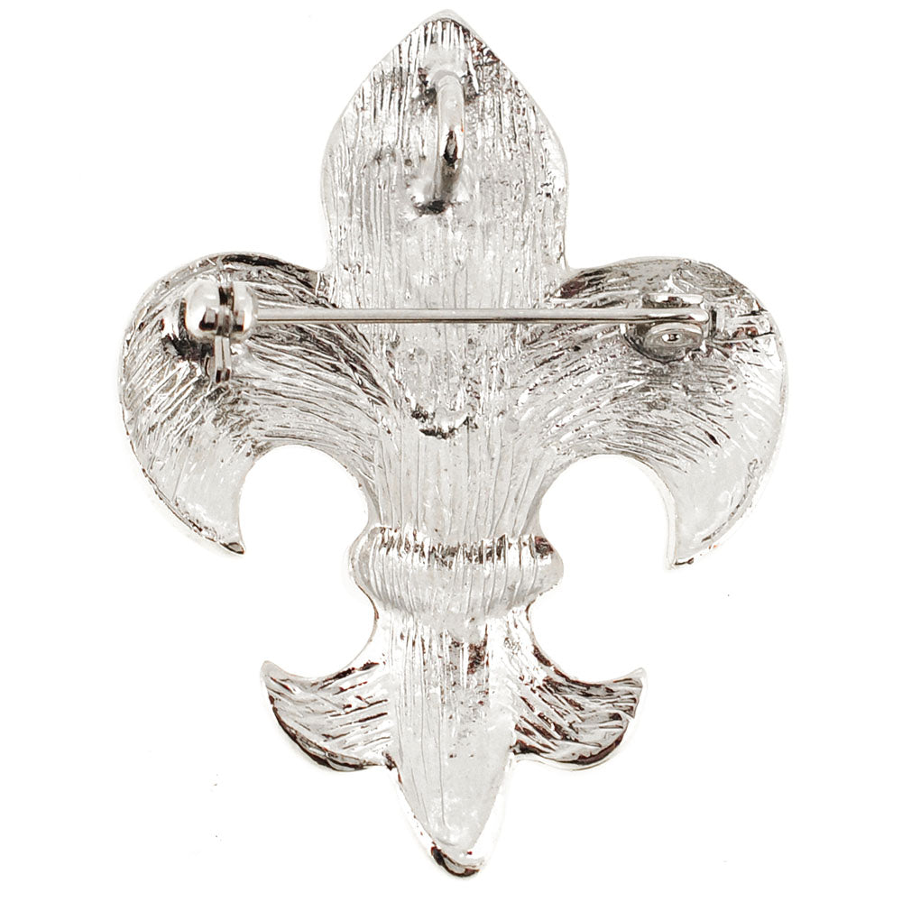 Silver Chrome Fleur-De-Lis Crystal Brooch and Pendant