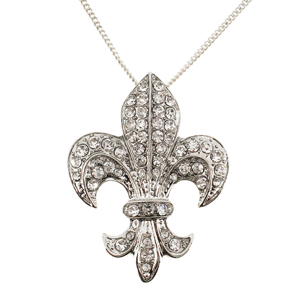 Silver Chrome Fleur-De-Lis Crystal Brooch and Pendant