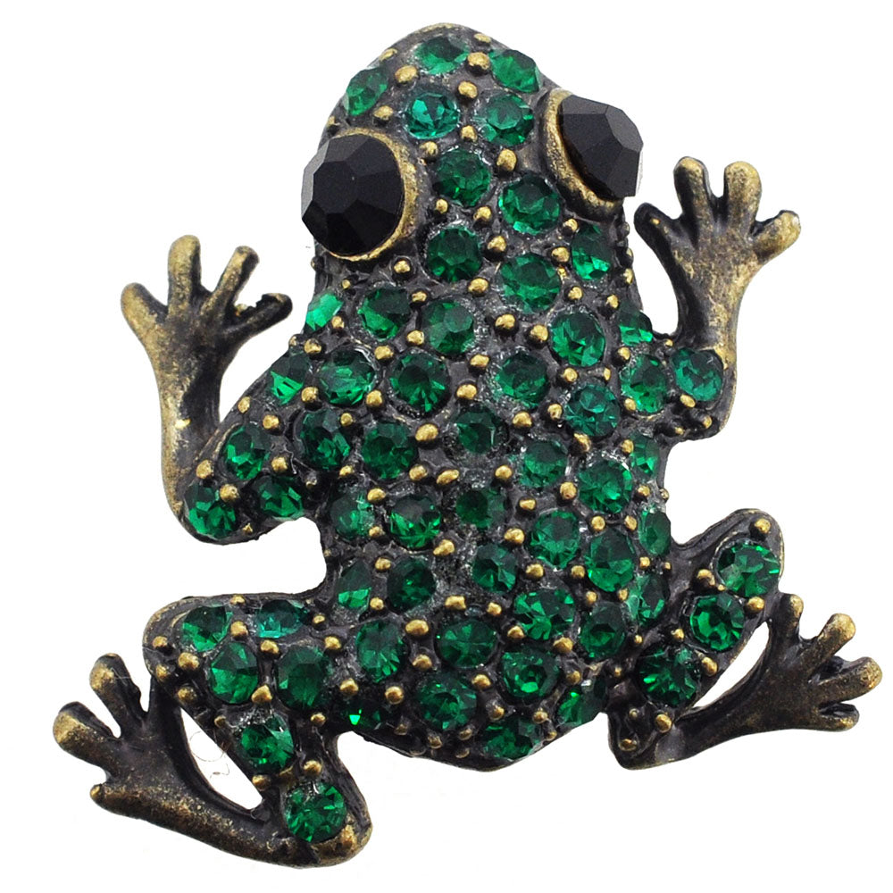 Vintage Style Emerald Green Crystal Frog Pin Brooch