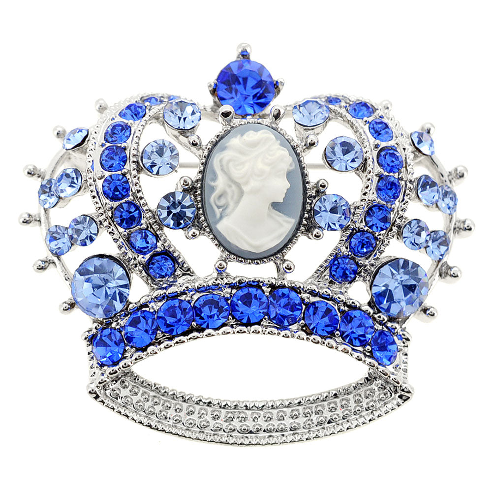 Sapphire Blue Cameo Crown Crystal Pin Brooch