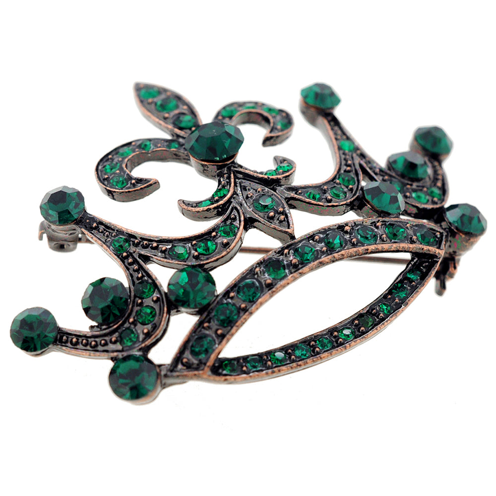 Vintage Style Green Fleur-De-Lis Crown Crystal Brooch Pin