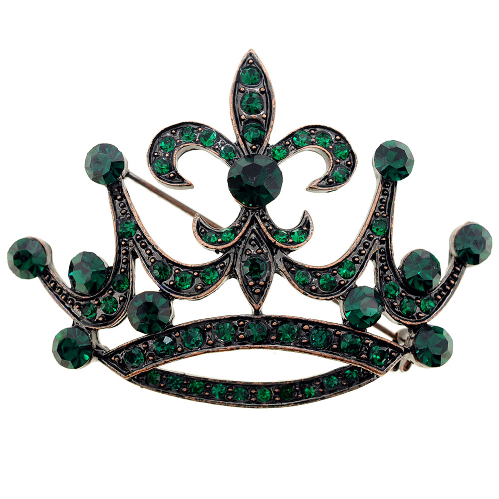 Vintage Style Green Fleur-De-Lis Crown Crystal Brooch Pin