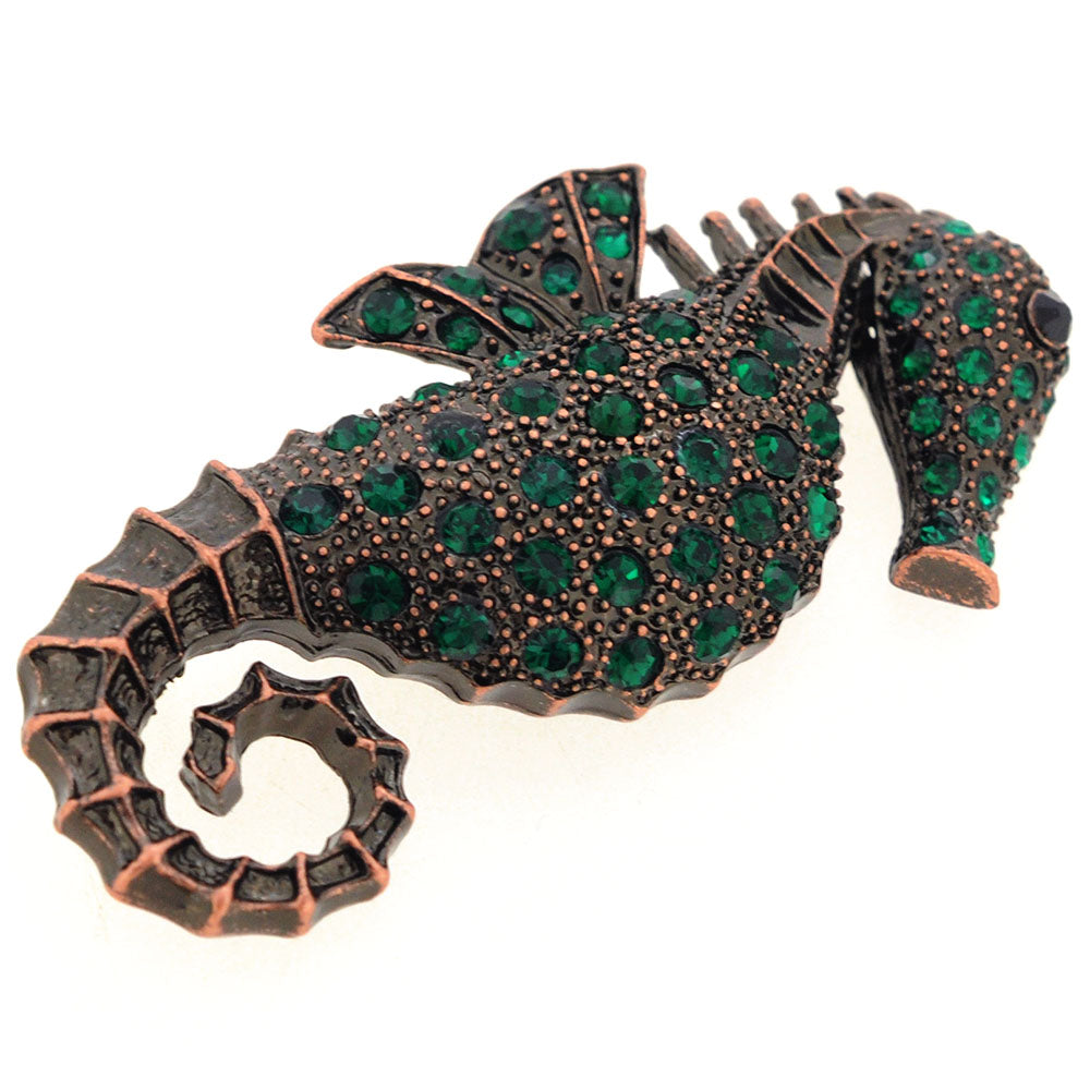 Emerald Green Seahorse Crystal Brooch Pin