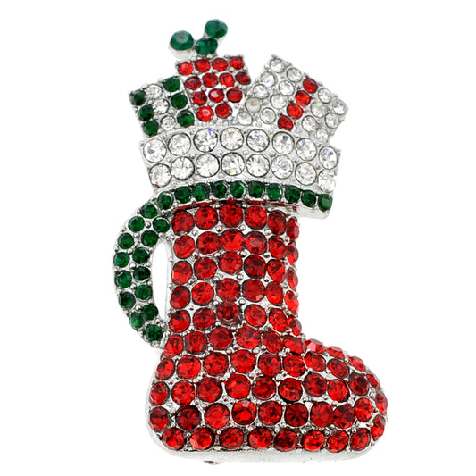 Red Crystal Christmas Stocking Pin Brooch