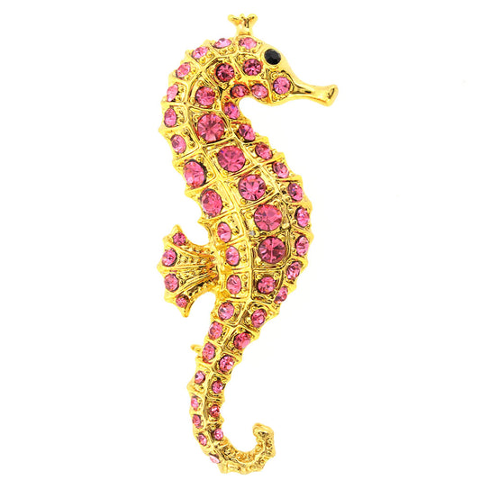 Pink Golden Seahorse Crystal Brooch Pin