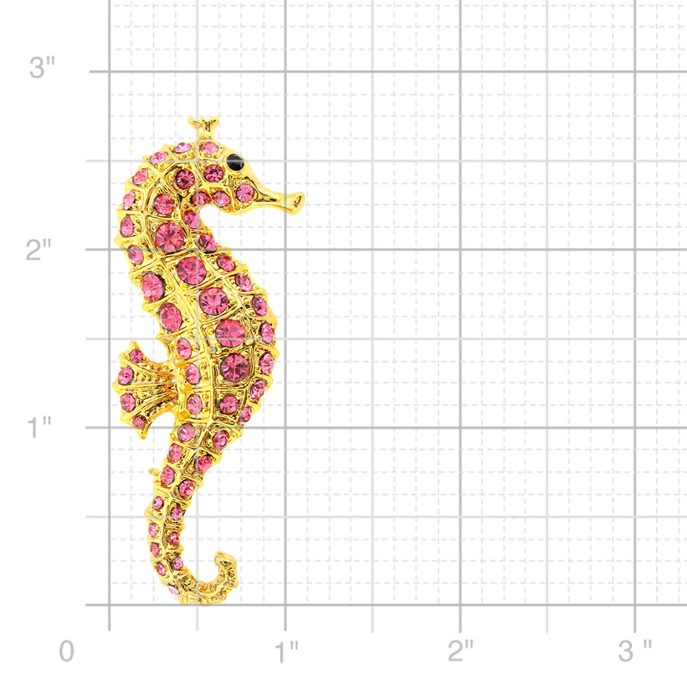 Pink Golden Seahorse Crystal Brooch Pin