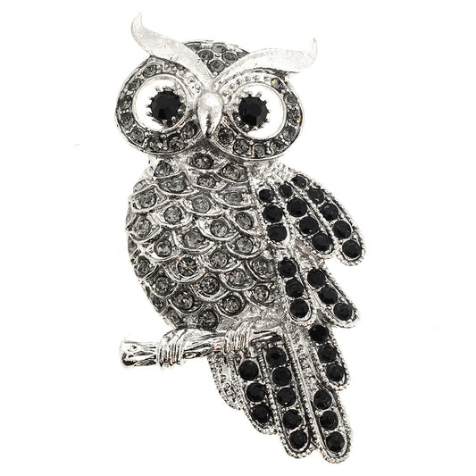 Silver Jet Black Crystal Owl Brooch