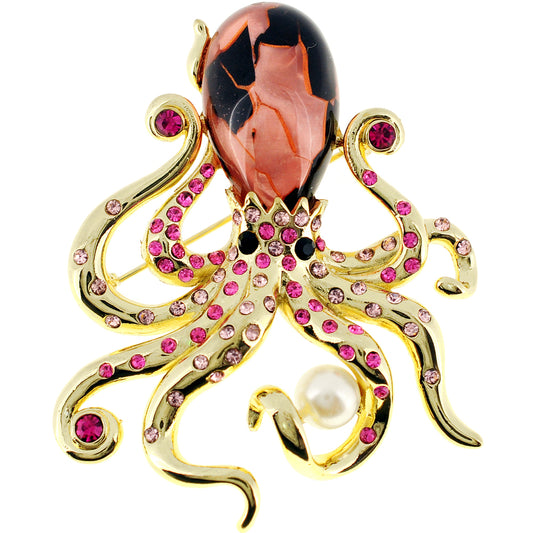 Golden Pink Octopus Pin Brooch