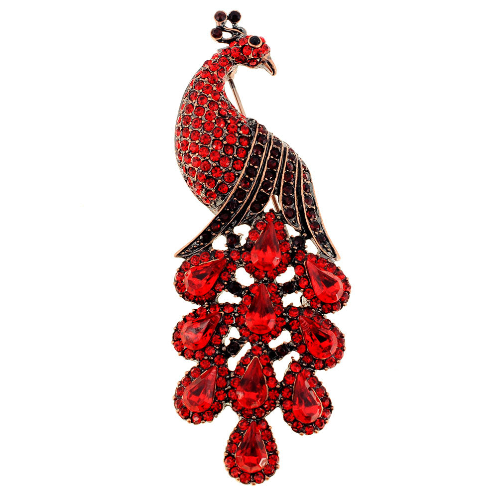 Red Vintage Style Peacock Crystal Brooch Pin
