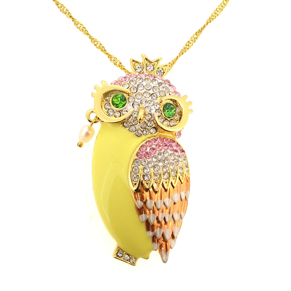 Yellow Enamel Crystal Owl Brooch/Pendant