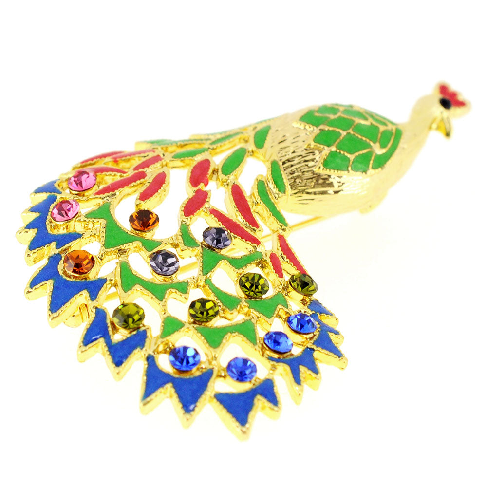 Golden Multicolor Peacock Crystal Pin Brooch