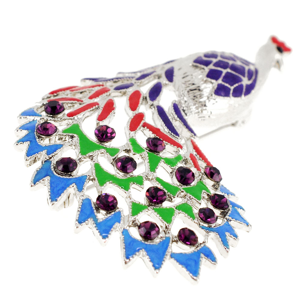 Multi Purple Peacock Crystal Pin Brooch