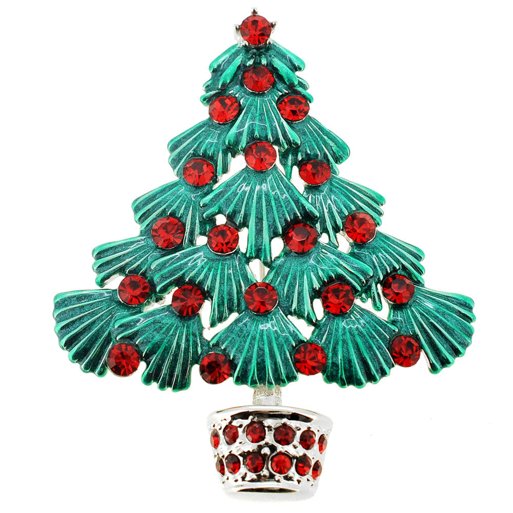 Green Christmas Tree Red Crystal Pin Brooch