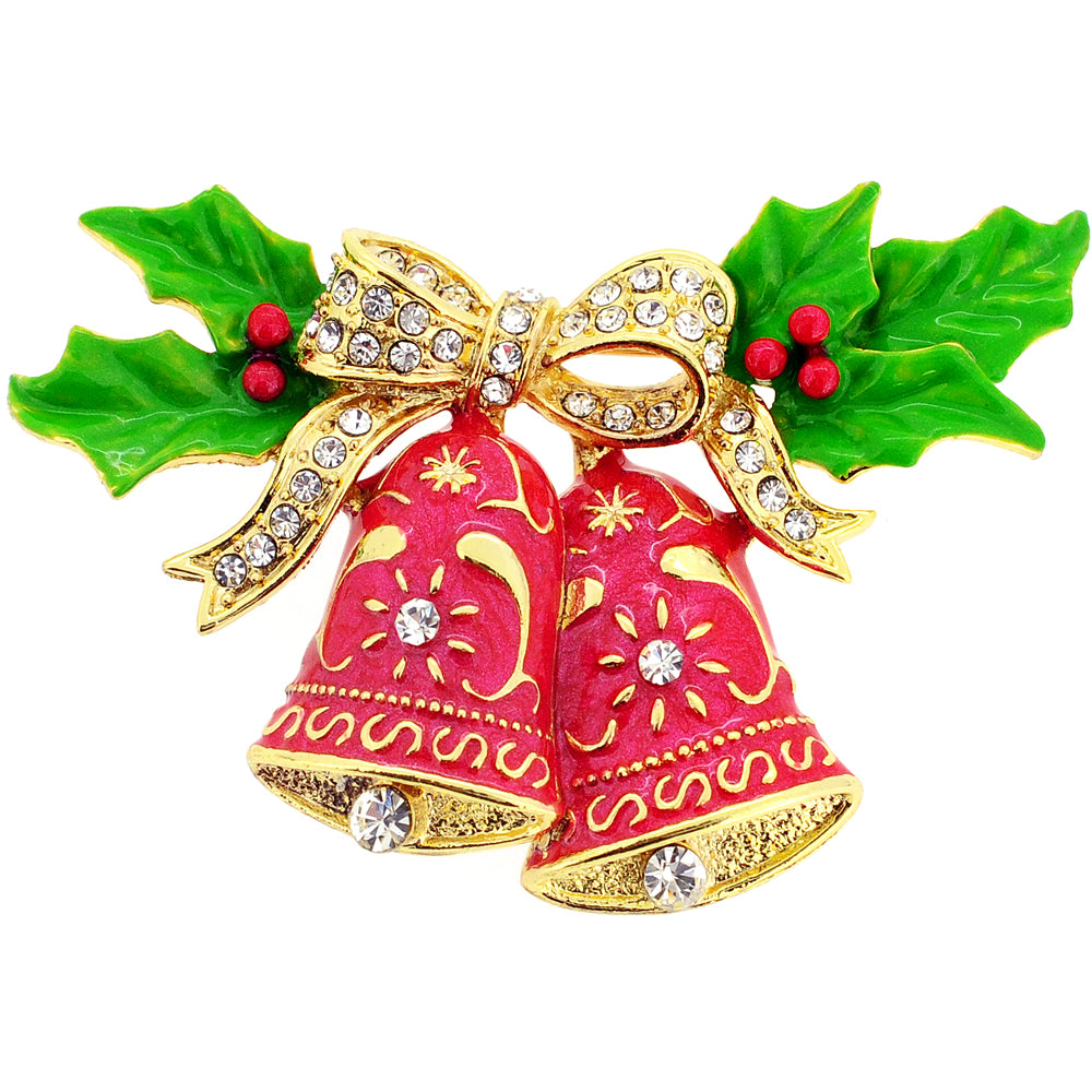 Red Christmas Bells with Bow & Holly Crystal Pin Brooch