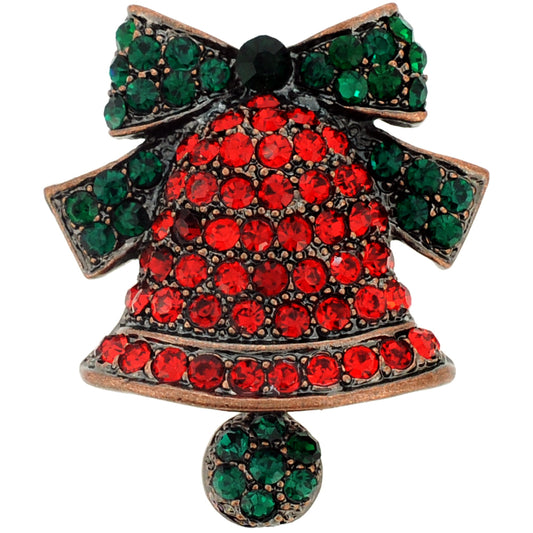 Red Christmas Bell with Green Bow Crystal Pin Brooch