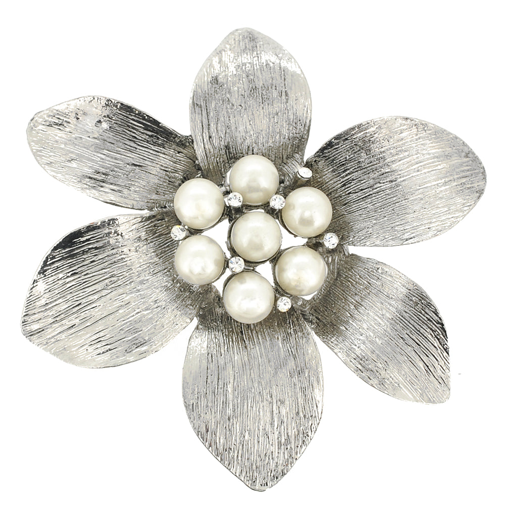 Silver Pearl Flower Pin Brooch