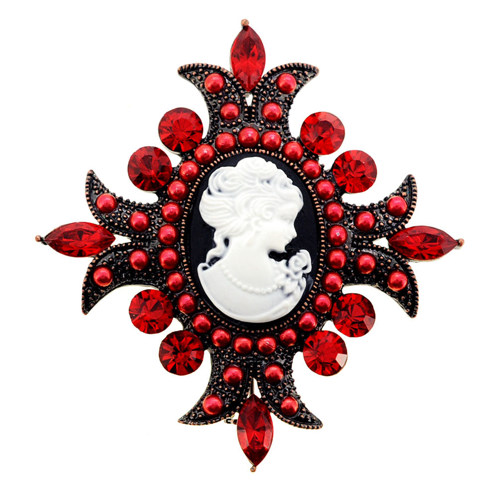 Vintage Style Red Cameo Cross Crystal Pin Brooch