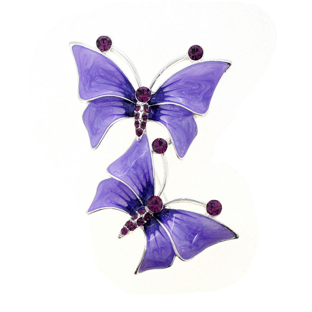 Two Purple Butterfly Crystal Pin Brooch
