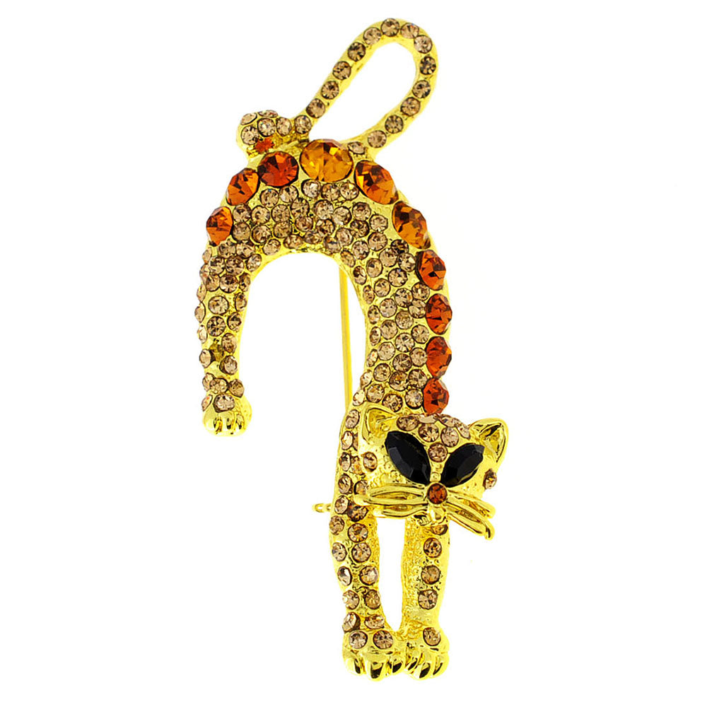 Golden Topaz Brown Crystal Cat Pin Brooch