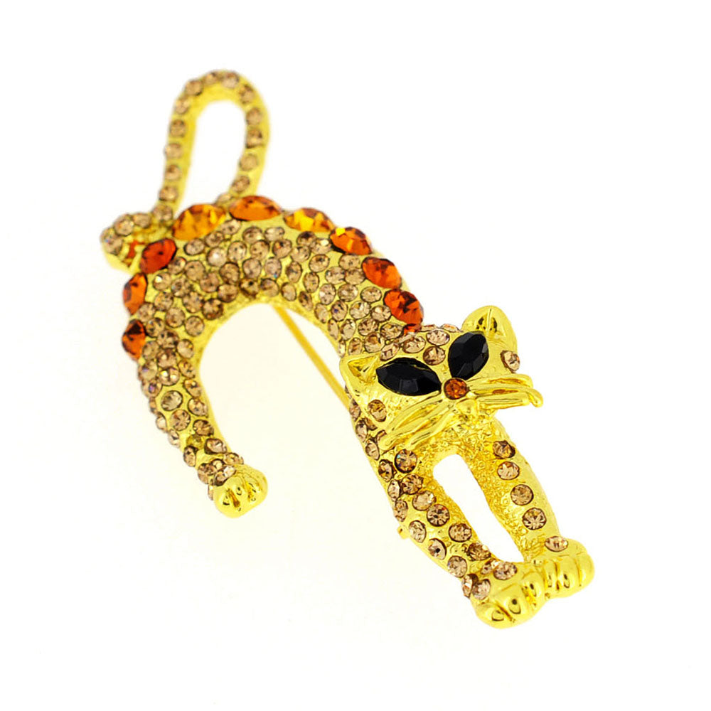 Golden Topaz Brown Crystal Cat Pin Brooch