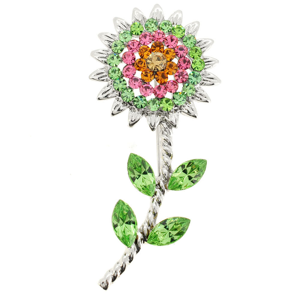 Green Pink Sunflower Crystal Pin Brooch