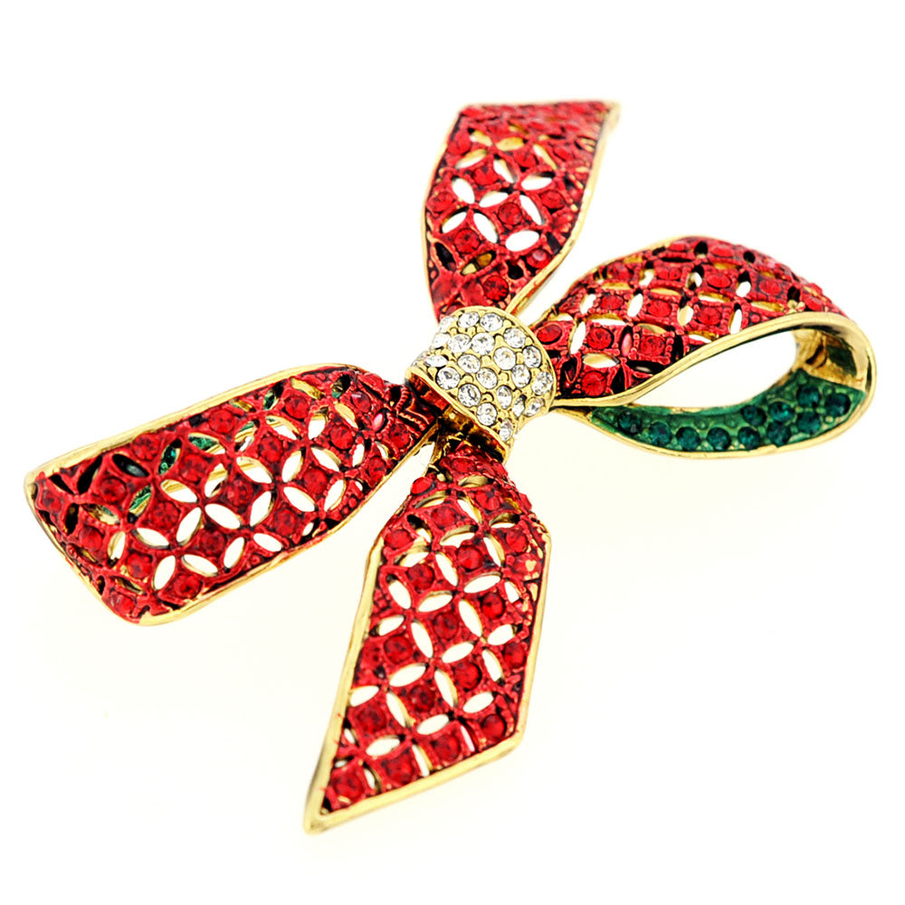 Christmas Red & Green Bow Crystal Brooch Pin