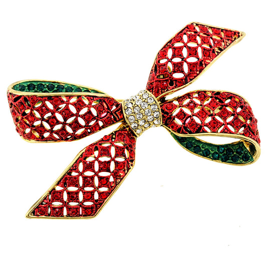 Christmas Red & Green Bow Crystal Brooch Pin